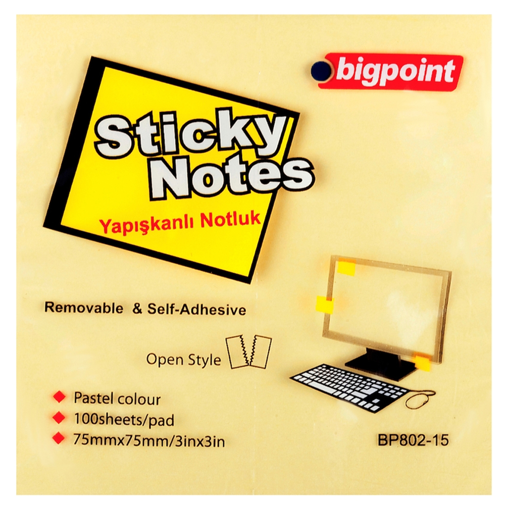 Bigpoint Yapışkanlı Not Kağıdı 75x75 Sarı BP802-15