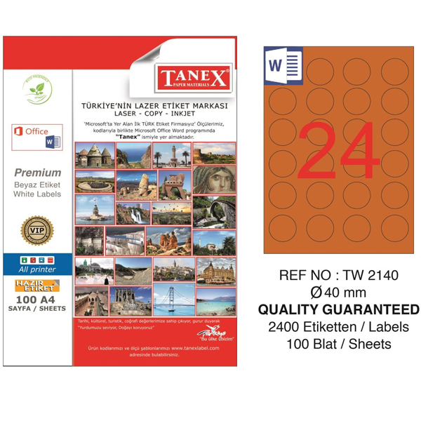 Tanex Laser Etiket 100 YP 0.40 MM Laser-Copy-Inkjet Yuvarlak Turuncu TW-2140      