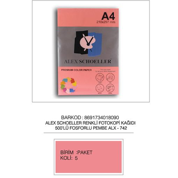 Alex Schoeller Renkli Fotokopi Kağıdı 500 LÜ A4 75 GR Fosforlu Pembe ALX-742